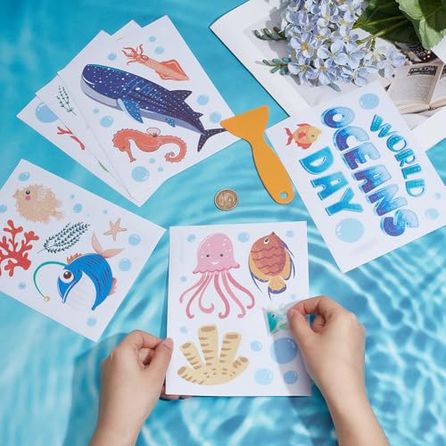 6 Pages Bathtub Sea Stickers Bulk Non Slip Bathtub Stickers with Scraper Plastic Adhesive Ocean Animal Conch Pattern Slippery Floor Decal for Shower and Bath Tub Home Decorations Gift Adult - style: Marine Animal 3