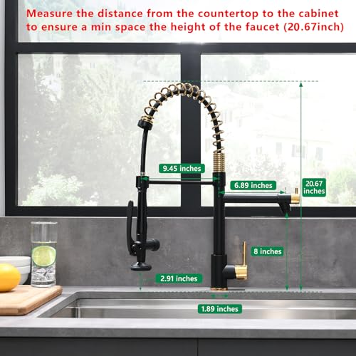 Fapully Black&Gold Kitchen Faucet with Sprayer,Commercial Pull Down | Kitchen Faucet for Kitchen Sink, 360 Swivel Sinlge Handle Single Hole - color: Black&Gold, style: Classic