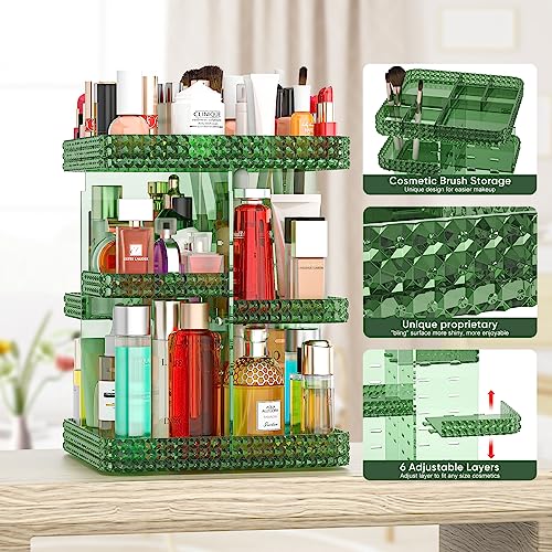 360 Rotating Makeup Organizer, Acrylic DIY Adjustable Bathroom Makeup Carousel Spinning Holder Rack, Large Capacity Cosmetics Storage Box Vanity Countertop, Skin-care Organizers (Green) - color: Green