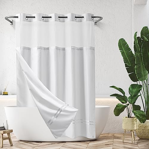 River Dream Shower Curtain with Snap in Liner,No Hooks Needed Shower Curtain for Bathroom,Hotel Grade,Machine Washable,71" Wx74 H,with White Stripe and Magnets - color: White Stripe, size: 71"W x 74"L (Pack of 1)