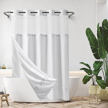 River Dream Shower Curtain with Snap in Liner,No Hooks Needed Shower Curtain for Bathroom,Hotel Grade,Machine Washable,71" Wx74 H,with White Stripe and Magnets - color: White Stripe, size: 71"W x 74"L (Pack of 1)