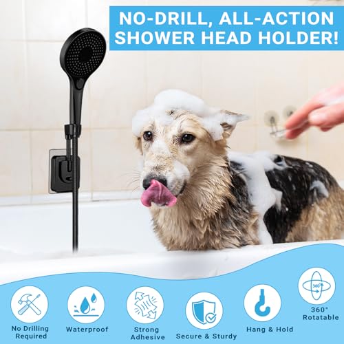 Strong Adhesive Shower Head Holder Adjustable, Black Handheld Shower Holder Wall Mount, Waterproof Bathroom Shower Wand Holder for Hand Held Showerheads, Rv, No Drilling, Ideal for Families & Renters