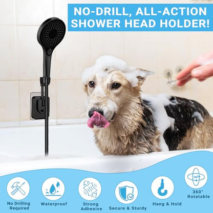 Strong Adhesive Shower Head Holder Adjustable, Black Handheld Shower Holder Wall Mount, Waterproof Bathroom Shower Wand Holder for Hand Held Showerheads, Rv, No Drilling, Ideal for Families & Renters