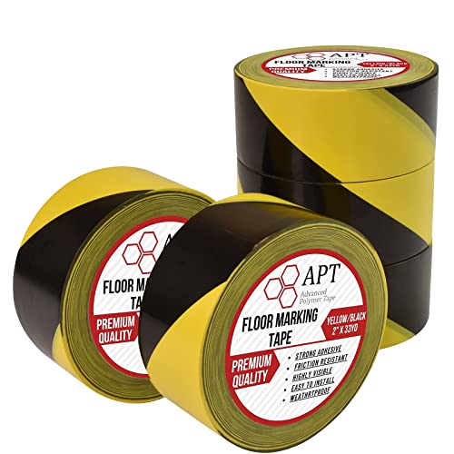 APT Premium Black and Yellow Striped Vinyl Floor Safety Marking Tape, Excellent for Hazard Caution& Warning, Social Distancing, Warehouse & Gym Floor (2 Inch, 5 Rolls, Yellow/Black) - color: Yellow / Black, size: 2 Inch, 5 Rolls
