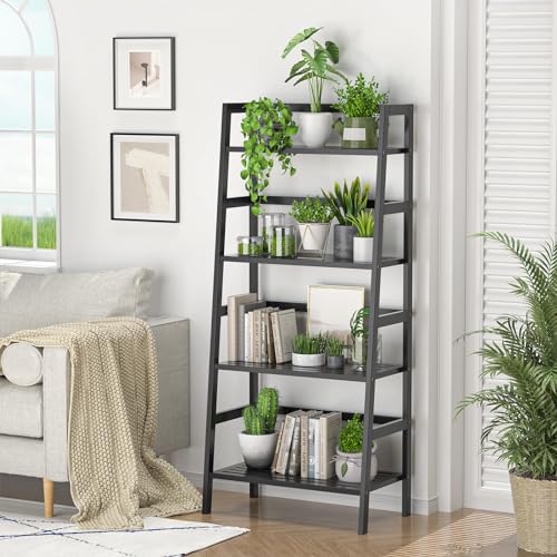 Bamboo Bookshelf 4-Tier Ladder Shelf, 49.2” Freestanding Open Bookcase Book Shelf Bathroom Storage Shelf Unit Plant Stand for Small Space, Living Room, Bedroom, Home Office, Black - color: Black