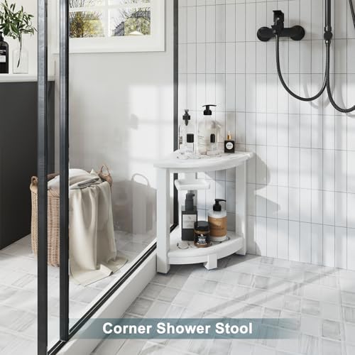 NALONE Corner Shower Stool, HDPE Shower Bench for Inside Shower, Small Shower Chair Seat for Shaving Legs with Storage Shelf, Soap Box and No-Slip Feet (White) | Small Shower Chair Seat for Shaving Legs, with Storage Shelf, Soap Box and No-Slip Feet, All