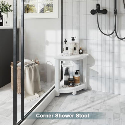 NALONE Corner Shower Stool, HDPE Shower Bench for Inside Shower, Small Shower Chair Seat for Shaving Legs with Storage Shelf, Soap Box and No-Slip Feet (White) | Small Shower Chair Seat for Shaving Legs, with Storage Shelf, Soap Box and No-Slip Feet, All