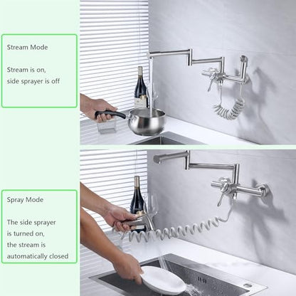 Wall Mount Kitchen Faucet, Folding Commercial Tap with Side Sprayer | 304 Stainless Steel Constructed, Brushed Nickle, Rotatable, 8"" Center - color: Style C, Faucet with Stand