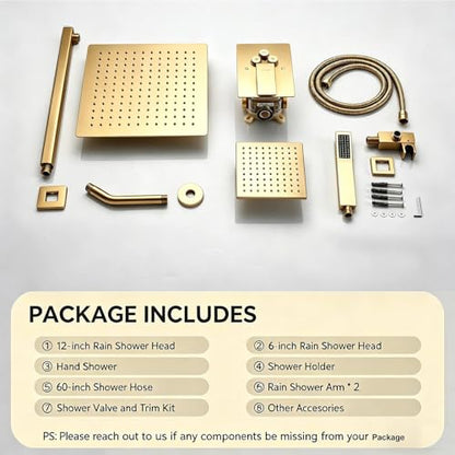 Dual Rainfall Shower Head System Brushed Gold, 3-Function Push Button Shower Faucet Set with 12" Wall Mount Rain shower head and 6" Wall Mount Shower Head, Pressure Balance Rough-in Valve - color: Brushed Gold, style: Wall Mount