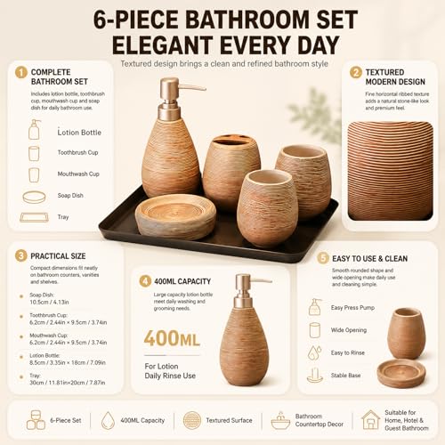 Bathroom Ceramic Accessories Set, 6 Piece Bathroom Set with Including Soap Dispenser Mouthwash Cup Soap Dish Toothbrush Holder Tray (Brown) - color: Brown