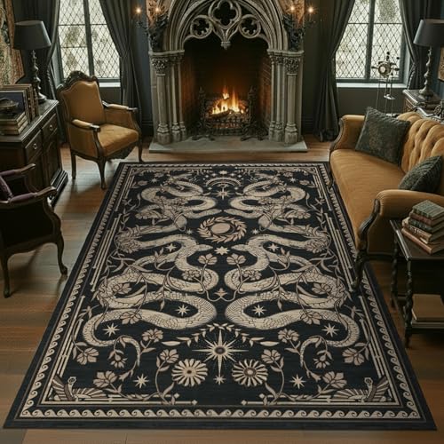 Black Snake Gothic 7x10 Area Rug Dark Whimsical Moody Witchy Unique Soft Large Carpet for Living Room Bedroom Dining Room Playroom Indoor Decor Low Pile TPE Backing - color: Black, size: 7' x 10' (Rectangular)