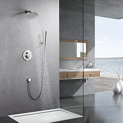 SUMERAIN Wall Mounted Rainfall Shower System Brushed Nickel | 8" Stainless Steel Rain Shower, Brass Handheld, Brass Valve, Concealed Box Design, Easy to Maintain and Install - color: Brushed Nickel, size: 2 Function