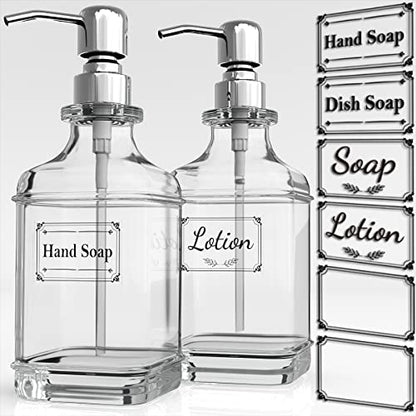 GLADPURE Soap Dispenser - 2 Pack, 18 Oz Antique Design Thick Glass Hand Soap Dispensers; with 304 Rust Proof Stainless Steel Pump, 6Pcs Clear Stickers, for Kitchen, Bathroom - Silver - color: Silver