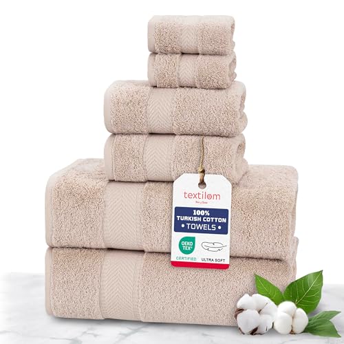 TEXTILOM 100% Turkish Cotton 6 Pcs Bath Towel Set, Luxury Bath Towels for Bathroom, Soft & Absorbent Bathroom Towels Set (2 Bathtowels, 2 Hand Towels, 2 Washcloths)- Beige - color: Beige, size: 6 Pcs Towel Set