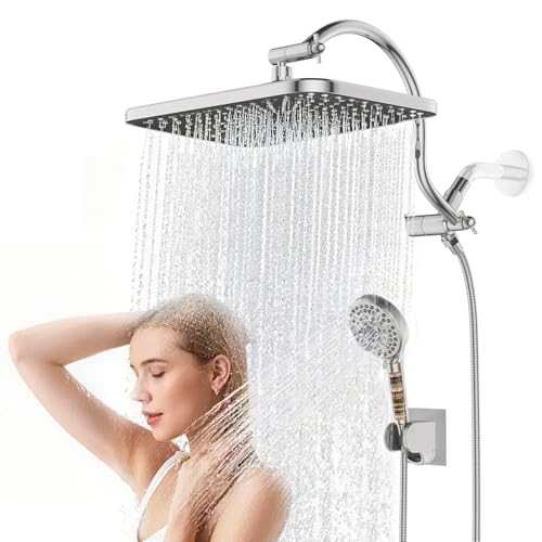 12" Shower Heads with Filtered Hand Sprayer Combo, Adjustable Curved Shower Extension Arm/71-inch Hose, Chrome - color: Chrome-plated