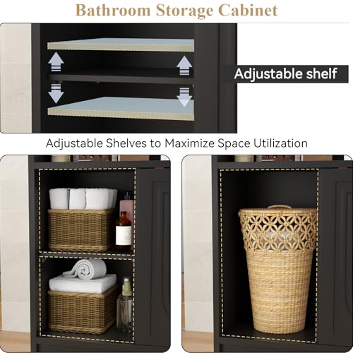 Gyfimoie Bathroom Storage Cabinet with 3 Drawers, Wooden Floor Cabinet with 1 Sliding Door & Adjustable Shelves for Bathroom, Living Room, Entryway (Black)
