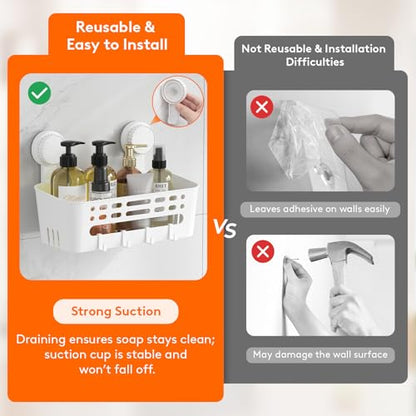 Lifewit Suction Cup Shower Caddy, 26 cm/10"(L), 2 Pack | Plastic, Removable, No-drilling Bathroom Organizers and Storage Rack, for inside Shower & Shampoo - size: 10.4''