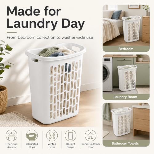 Slim Rectangular Laundry Hamper, Ventilated Plastic Clothes Basket, 1 Pack | 1.8 Bushel Open Laundry Basket with Sturdy Handles, Odor-Reducing Airflow Design for Closet, Dorm, and Bathroom Corners - size: 1.8 Bushel