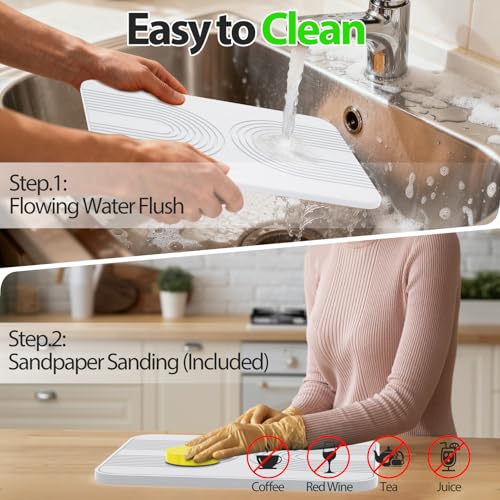 2 PCS Stone Dish Drying Mat ＆ Silicone Mat for Kitchen Counter – Diatomaceous Earth Bath Mat for Bathroom, 16.14"L×12.4"W×2 Quick Dry Mats for Dishes ,Bottles, Cups, Match Any Countertop(White) - color: White