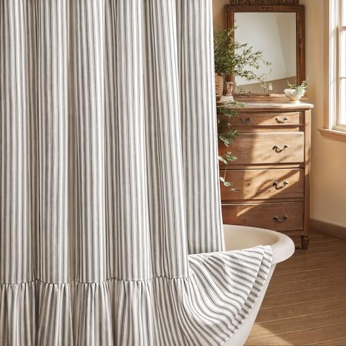 Farmhouse Shower Curtain Ruffle Linen Cream-Black Stripe 72"W x 96"L | Farmhouse Boho, Striped, Bottom Ruffle, Linen Fabric, Rustic, Country, Natural Look, Washable, for Bathroom Bathtub - color: Cream-blcak Stripe, size: 72"W x 96"L