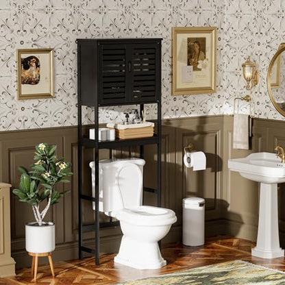 SMIBUY Bathroom Over The Toilet Storage Cabinet, 2 Door Bamboo Cabinet Organizer, Freestanding Space Saver Toilet Rack with Adjustable Inside Shelf and Open Shelf (Black) - color: Black