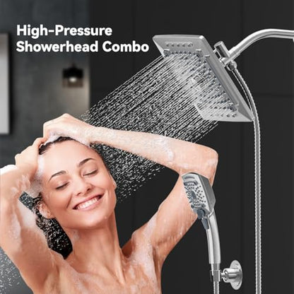 ELLO&ALLO Rain Shower Head with Handheld Spray, Rainfall Shower Head Combo with 60" Hose, Adjustable Dual Showerhead Set with 3-Way Diverter, Sliver