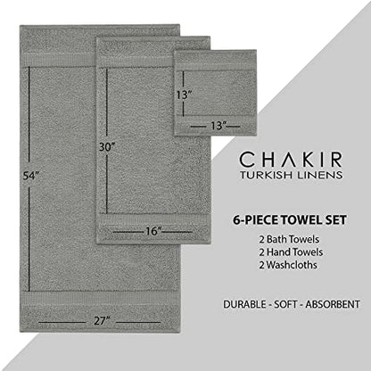 Chakir Turkish Linens 6 Piece Towels Set, 100% Cotton Luxury Turkish Towels for Bathroom, Soft Absorbent Bath Towel Set with 2 Bath Towels 2 Hand Towels 2 Washcloths, Gray - color: Gray