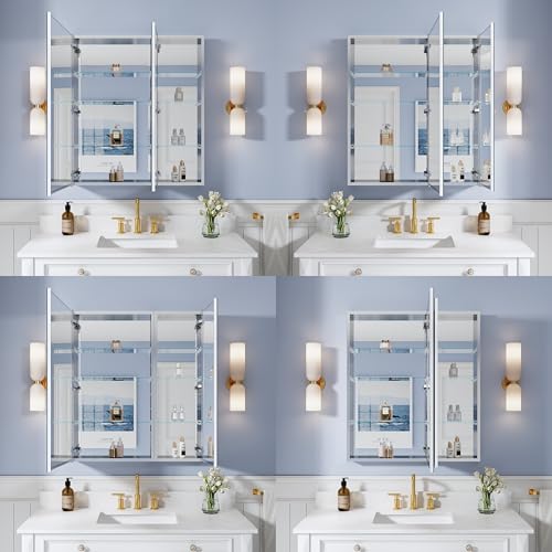32" x 36" Bathroom Medicine Cabinet with Mirror, Anodized Chrome Aluminum Frame, Surface Mount or Recessed Medicine Cabinet with Mirror, Bathroom Mirror with Storage, Double Doors - size: 32"x36"-A