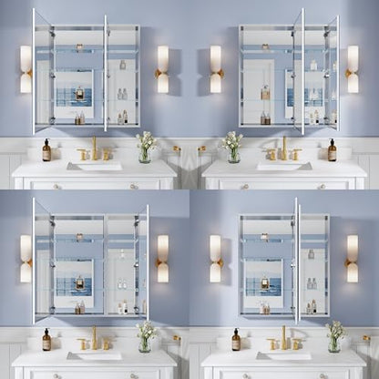32" x 36" Bathroom Medicine Cabinet with Mirror, Anodized Chrome Aluminum Frame, Surface Mount or Recessed Medicine Cabinet with Mirror, Bathroom Mirror with Storage, Double Doors - size: 32"x36"-A