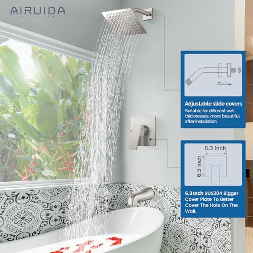 Airuida 6 Inch Shower Faucet Set,Bathtub Faucet Kit,Brushed Nickel | Shower Tub Faucet Set,Male Threads Rough-In Valve,Square Head Shower System - color: Nickel, size: 6 Inch