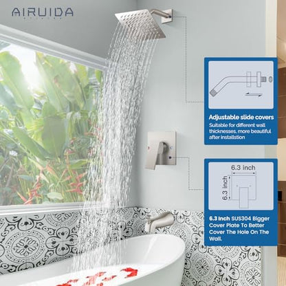 Airuida 6 Inch Shower Faucet Set,Bathtub Faucet Kit,Brushed Nickel | Shower Tub Faucet Set,Male Threads Rough-In Valve,Square Head Shower System - color: Nickel, size: 6 Inch