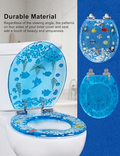 Angol Shiold ROUND Ocean Resin Toilet Seat Soft Close 16.5" | Quick Release Heavy Duty Acrylic Decorative Toilet Seats Easy to Install&Clean (3D Blue Ocean Fish) - color: Transparent Blue Ocean Fish