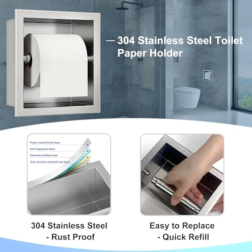 Neodrain Brushed Recessed Toilet Paper Holder,for Standard/Mega Roll | 304 Stainless Steel,Built-in Wall Toilet Paper Holder ,Stylish Mega Roll Tissue Dispenser for Bathroom, RV - color: Brushed