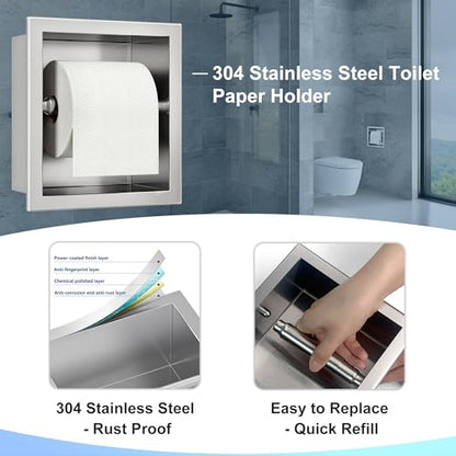 Neodrain Brushed Recessed Toilet Paper Holder,for Standard/Mega Roll | 304 Stainless Steel,Built-in Wall Toilet Paper Holder ,Stylish Mega Roll Tissue Dispenser for Bathroom, RV - color: Brushed