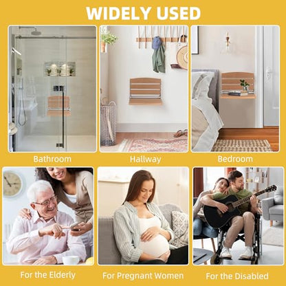 DWVO Folding Shower Seat Wall Mounted, Fold Down Shower Bench, Home Care Folding Shower Chair for Seniors,Disables,Pregnants Teak