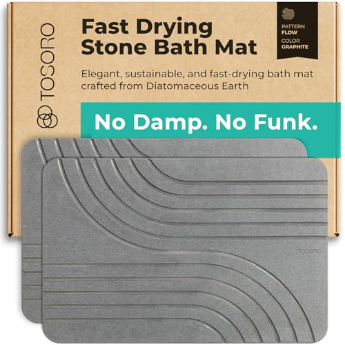 TOSORO - Stone Bath Mat Diatomaceous Earth Shower Mat Non-Slip Super Absorbent Diatomite Stone Bath Mats for Bathroom Floor Quick Drying Natural Easy to Clean (23.5 x 15) - Graphite, 2pcs - color: Flow Graphite, size: Pack of 2