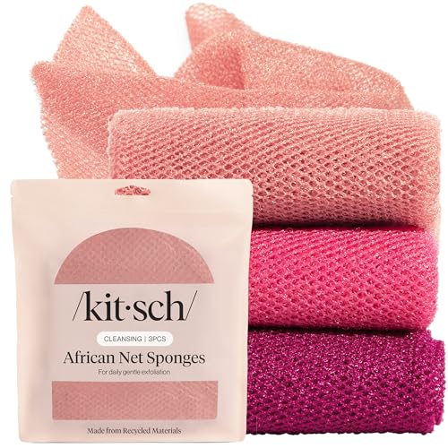 Kitsch African Net Sponge – Exfoliating Body Scrubber – Berry Pink, 3 Pcs | for Cleansing & Gentle Daily Exfoliation – Stretchable Bath Sponge for Hard-to-Reach Areas – Long-Lasting Shower Essential - color: Berry Pink