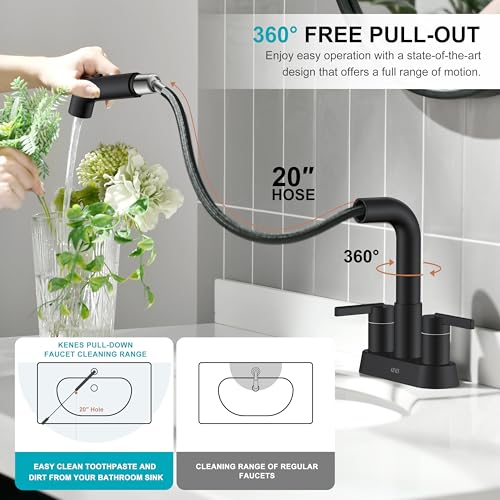 Matte Black Pull Out Centerset Bathroom Faucet 2 Handle 3 Hole 4 Inch | Pull Down Bathroom Faucet with Pop Up Drain & Supply Lines, Lead-Free cUPC & NSF Certified, 4 Inch Faucet for Vanity RV Sink - color: Matte Black