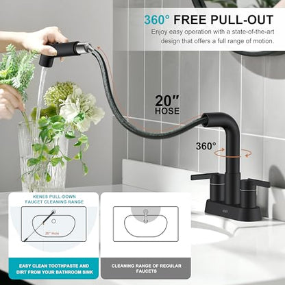 Matte Black Pull Out Centerset Bathroom Faucet 2 Handle 3 Hole 4 Inch | Pull Down Bathroom Faucet with Pop Up Drain & Supply Lines, Lead-Free cUPC & NSF Certified, 4 Inch Faucet for Vanity RV Sink - color: Matte Black