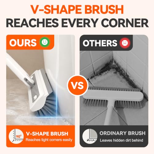 3-in-1 Floor Scrub Brush with 55” Long Handle, V-Shape & Squeegee | V-shape head,built-in squeegee,removable detail brush,55" long handle,stiff bristles,180°rotating,3-in-1 floor scrub brush