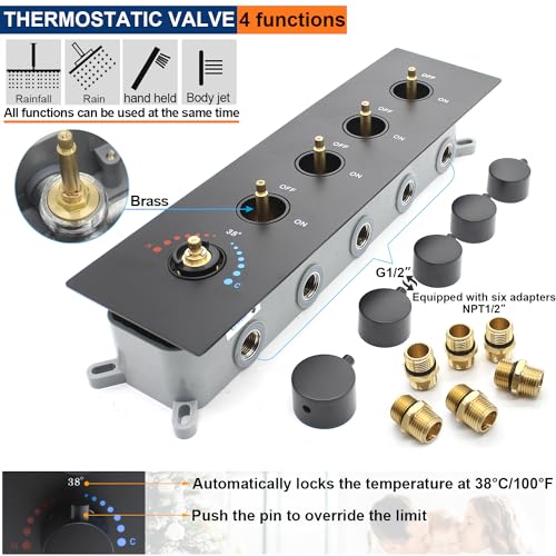 Black Thermostatic Shower System with 14x20 Inch Ceiling Mount LED Head & 6 Inch Wall Head and Handheld Shower 4 Function Vale with body jets, Matte Black - color: Matte Black, style: 14x20 led+6 jets