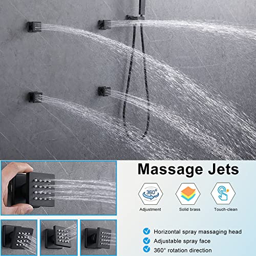 Matte Black Shower System Ceiling Shower Faucet Set with 6PCS Body Jets, 5-Function Thermostatic Shower valve,16 * 24 Inch Shower Head and Handheld Sprayer - color: Matte Black