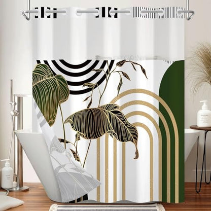 No Hook Boho Shower Curtain with Snap in Liner Set, 71x74 Inch | Double layer Waterproof Bath Curtain with Mesh Top, Tropical Botanical Leaf & Geometric Print for Mid Century Modern Bathroom - color: Boho-2