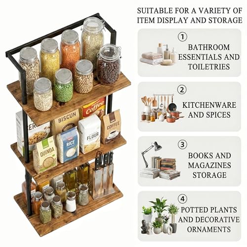 3-Tier Over the Toilet Storage Shelf, Bathroom Wall Shelf | Metal Frame with Rustic Brown MDF Boards, Floating Mounted Rack and Holder, for Living Room, Office, Holds Decor, Essentials
