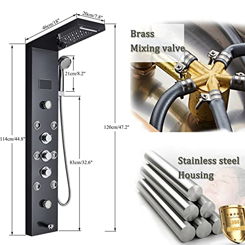 LED Rain Shower Panel Tower System Rainfall Waterfall Massage Body Jets Kit Faucet Black A