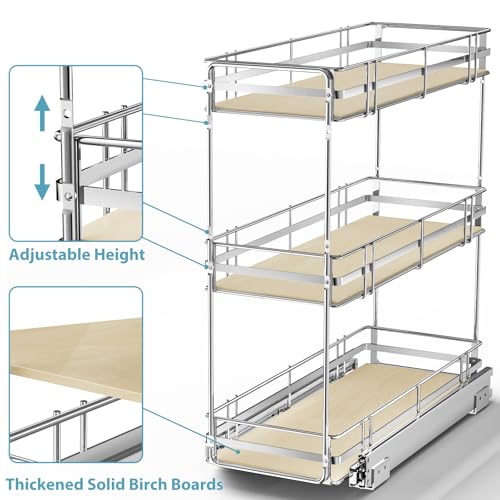 Pull Out Spice Rack Cabinet Organizer 9" W x 20½" D, 3 Tier Heavy Duty Slide Out Wood Shelf for Narrow Cabinet, Pull Out Storage for Kitchen - size: 9" W x 20½" D