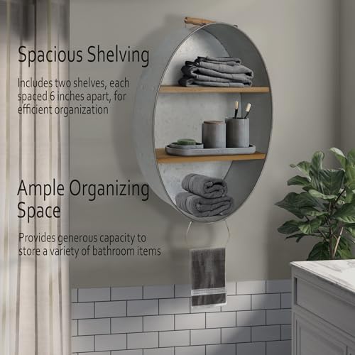 Oakrain Towel Rack with Wood Wall Shelves, Farmhouse Galvanized Wash Tub | Rustic Towel Holder, Decorative Hanging Shelf for Bathroom, Lavatory, Entryway - size: O-Oval