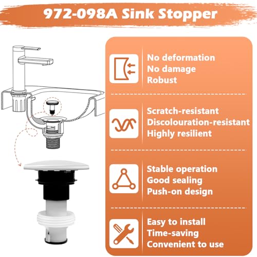 972098A Drain Stopper Polished Chrome Sink Stopper | 972-098A Drain Sink Plug Part Push & Seal Drain Stopper Assembly 35338-06XX
