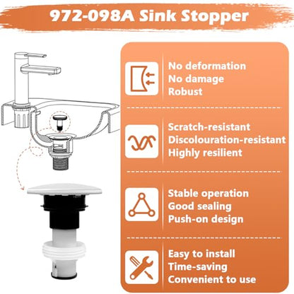972098A Drain Stopper Polished Chrome Sink Stopper | 972-098A Drain Sink Plug Part Push & Seal Drain Stopper Assembly 35338-06XX