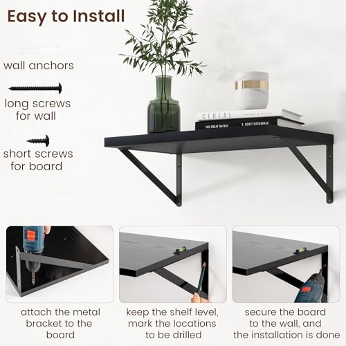Deep Floating Shelves - 20 Inch Black Floating Shelves Set of 2-12 Inch Deep Wood Wall Shelves for Living Room Bathroom Kitchen - color: Black, size: 20W x 12D